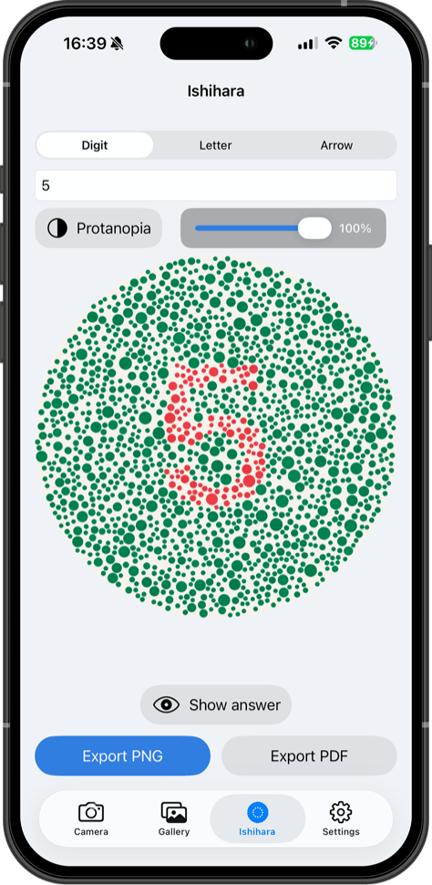 Ishihara plate generator building a digit plate for protanopia, with PNG and PDF export
